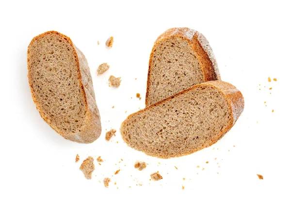 Nybakat Bröd Isolerat Vit Bakgrund Crumbs Och Brödskiva Nära Håll — Stockfoto