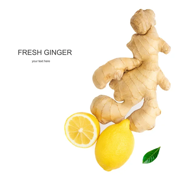Creative Layout Made Fresh Ginger Root Sliced Green Leaves Lemon — Stock Photo, Image