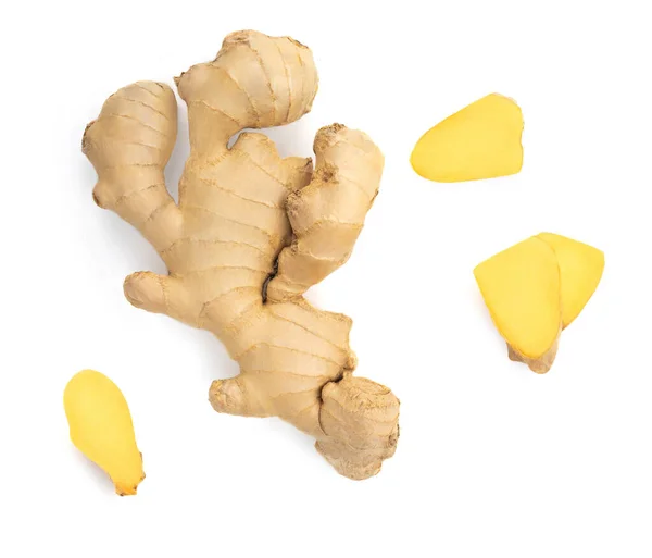 Fresh Ginger Root Slice Isolated White Background Top View Flat — Stock Photo, Image