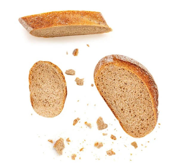 Chlebové Plátky Drobky Izolované Bílém Pozadí Chléb Shora Ležel Pekařství — Stock fotografie