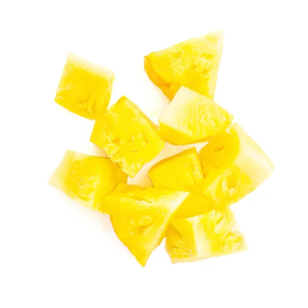 Kostki Ananasowe Kawałki Owoców Ananasowych Wyizolowane Białym Tle Leżeć Płasko — Zdjęcie stockowe