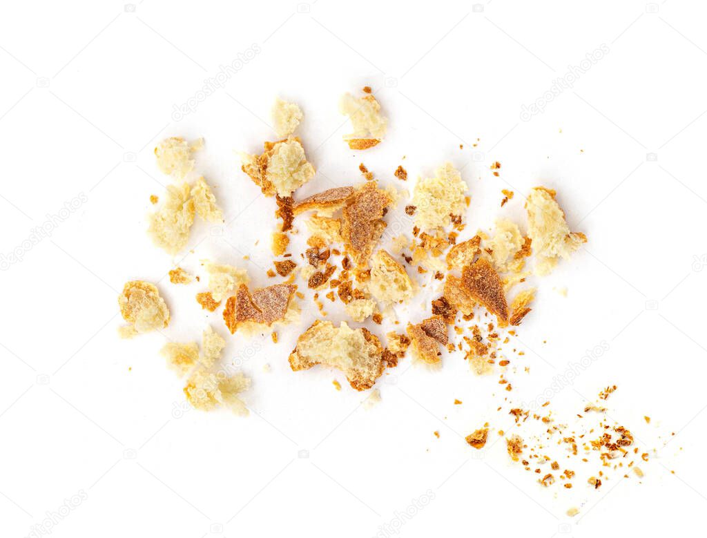 Bread crumbs isolated on white background.  Top vie