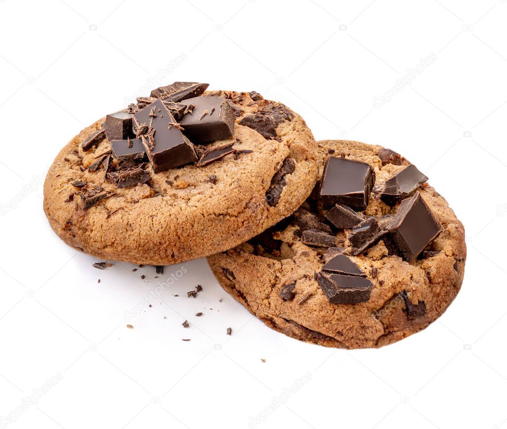 Fresh chocolate chip cookies isolated on white background. Cookies with choco pieces, view from above