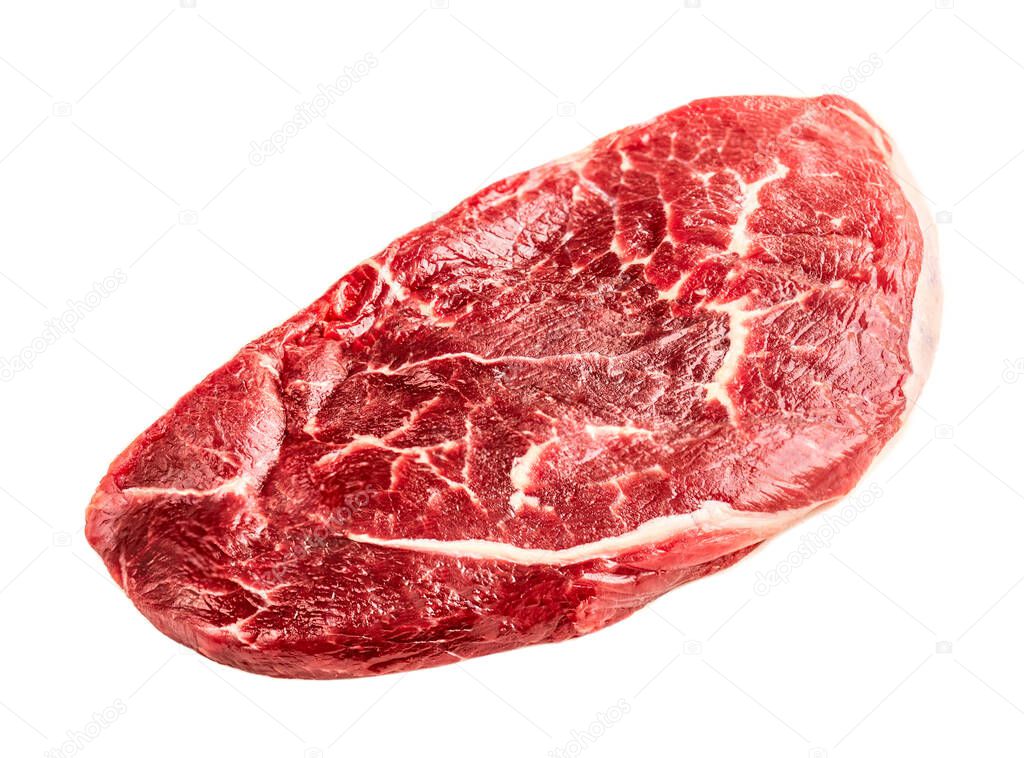 Fresh raw beef steak isolated on white background, close up. Best beef  meat top view