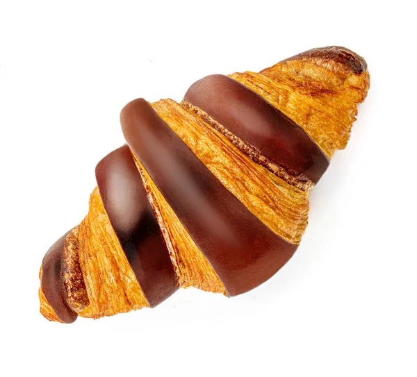 Croissant Chocolate Recién Horneado Aislado Sobre Fondo Blanco Vista Superior — Foto de Stock