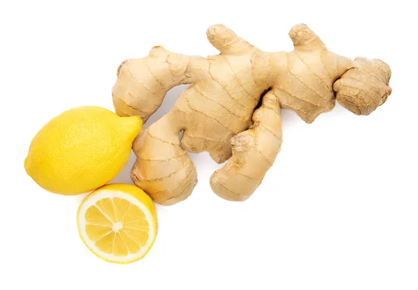 Fresh Ginger Root Sliced Lemon Fruit Isolated White Background Top — Stock Photo, Image