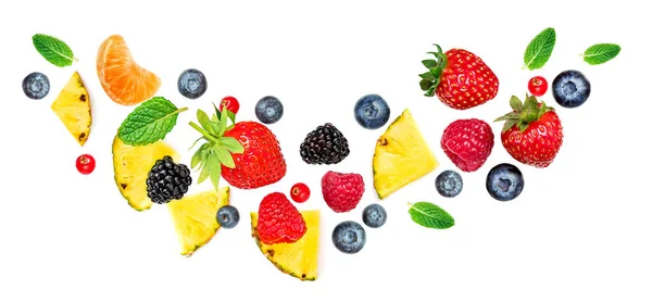 Creative Layout Made Summer Fruits Mixed Berries Isolated White Background — Stock Photo, Image