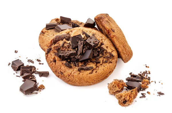Biscoitos Chocolate Quebrados Isolados Fundo Branco Bolinhos Pedaços Com Migalhas — Fotografia de Stock