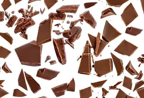 Chocoladestukjes Patroon Chocoladebrokken Geïsoleerd Witte Achtergrond Vlak Bij — Stockfoto