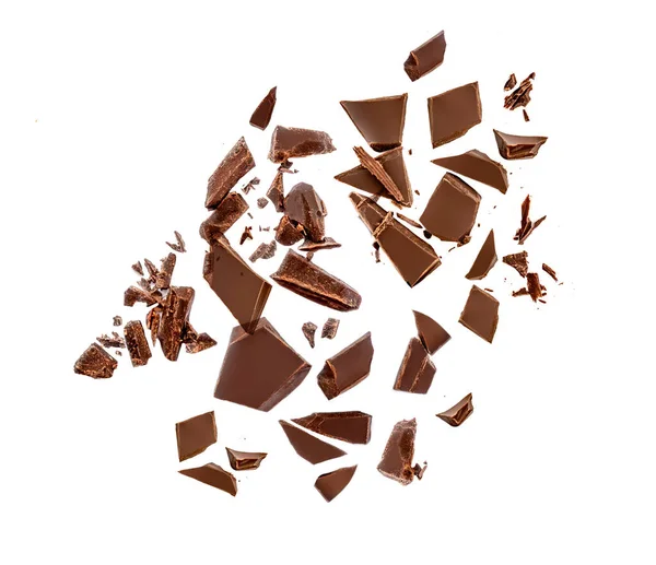 Schokoladenstücke Und Späne Isoliert Auf Weißem Hintergrund Brocken Dunkler Schokolade — Stockfoto