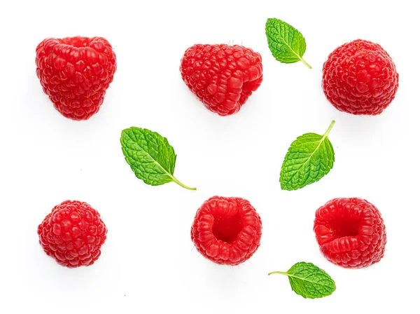 Raspberry Mint Leves Isolated White Background Fresh Raspberries Flat Lay — Stock Photo, Image