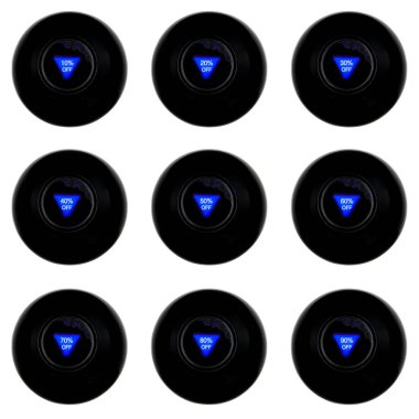 Beyaz arka planda izole edilmiş% 10 'dan% 90' a kadar olan sihirli sekiz top indirimi