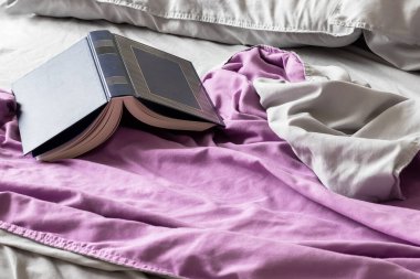 Yatağın üzerinde açık mavi bir kitap, üzerinde leylak bir yatak örtüsü ve gri yastıklar var. Yumuşak yatakta büyüleyici bir kitap.