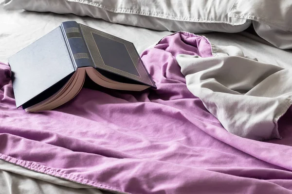 Yatağın üzerinde açık mavi bir kitap, üzerinde leylak bir yatak örtüsü ve gri yastıklar var. Yumuşak yatakta büyüleyici bir kitap.