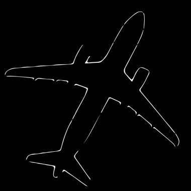 Uçak şekli siluet çizimi siyah beyaz çizgiler. Siyah arkaplanda beyaz çizgi çizimi 