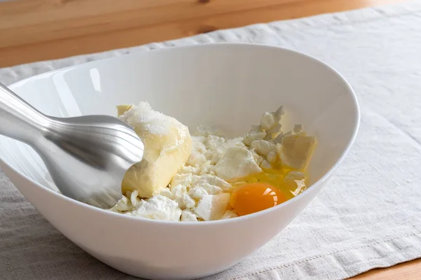Cottage Cheese Butter Egg Sugar White Bowl Ingredients Mixing Hand — Stock Photo, Image