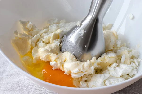 Cottage Cheese Butter Egg Sugar White Bowl Ingredients Mixing Hand — Stock Photo, Image