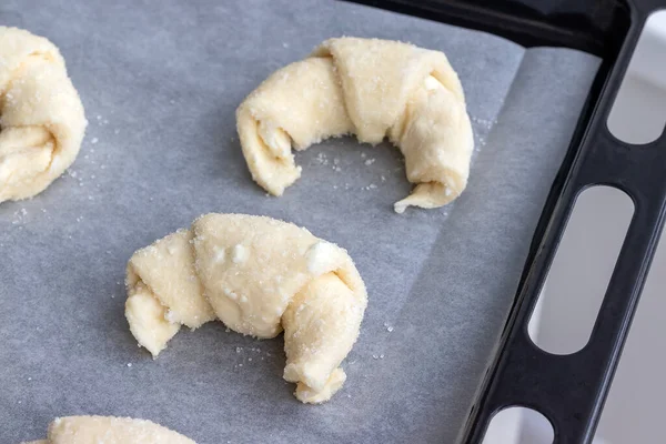 Croissants Raw Cottage Cheese Dough Prepared Baking Sprinkled Sugar Baking — Stock Photo, Image