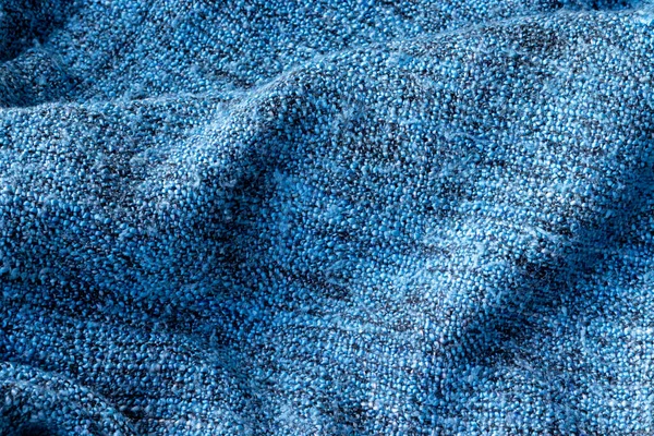 Heldere Blauwe Gebreide Stof Textuur Gekromde Deken Achtergrond Selectieve Focus — Stockfoto