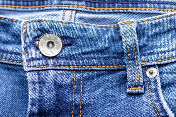 Jeans Frente Com Botão Bolso Fundo Textura Tecido Ganga Azul — Fotografia de Stock
