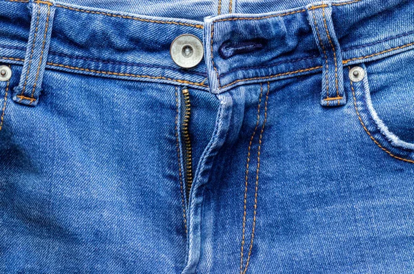 Frente Jeans Com Zíper Aberto Botão Bolsos Fundo Textura Tecido — Fotografia de Stock