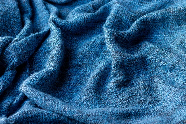 Luminosa Texture Tessuto Lavorato Maglia Blu Sfondo Coperta Stropicciato Concentrazione — Foto Stock
