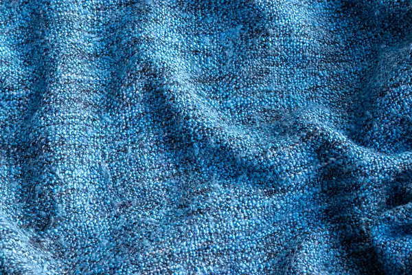 Heldere Blauwe Gebreide Stof Textuur Gekromde Deken Achtergrond — Stockfoto