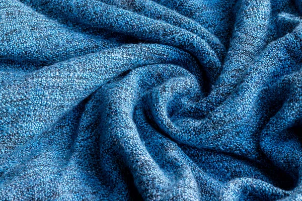 Textura Tejido Punto Azul Brillante Fondo Retorcido Arrugado Manta Enfoque — Foto de Stock
