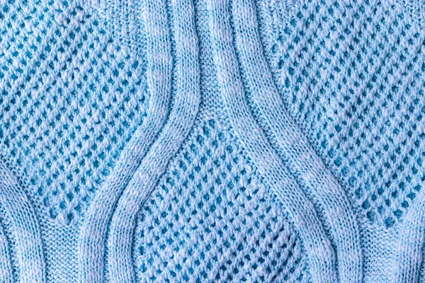 Heldere Blauwe Gebreide Stof Textuur Ruwe Trui Patroon Achtergrond Close — Stockfoto