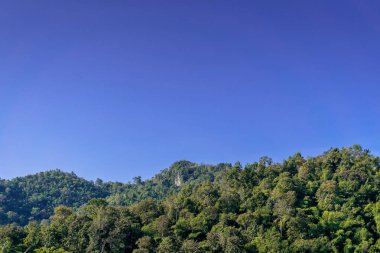Ormanlar ve mavi gökyüzünde bulutlar dağ manzarası.