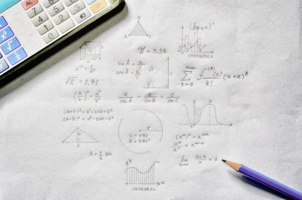 Concept Mathématiques Calculatrice Crayon Sur Feuille Papier Avec Formules Mathématiques — Photo
