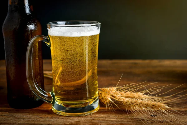 Mug of fresh beer and spikelet — Stock Photo, Image