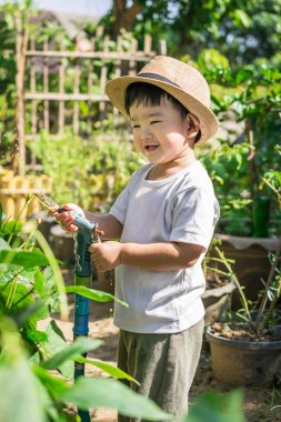 2 yaşında Asyalı çocuk onun çiçek Bahçe - çocuk ve Aile.