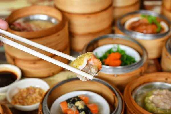 Yumcha Dim Sum Bambu Ångbåt Kinesisk Mat — Stockfoto