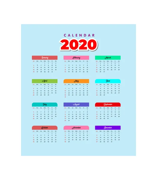 Año 2020 Plantilla Diseño Vectores Calendario Diseño Simple Limpio — Archivo Imágenes Vectoriales