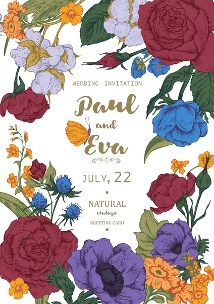 アネモネとバラの花輪との結婚式の招待状 — ストックベクタ