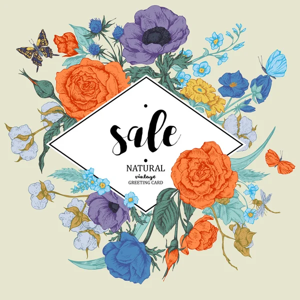 Biglietto di vendita vettoriale floreale vintage con rose, anemoni e farfalle — Vettoriale Stock