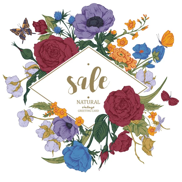 Biglietto di vendita vettoriale floreale vintage con rose, anemoni e farfalle — Vettoriale Stock