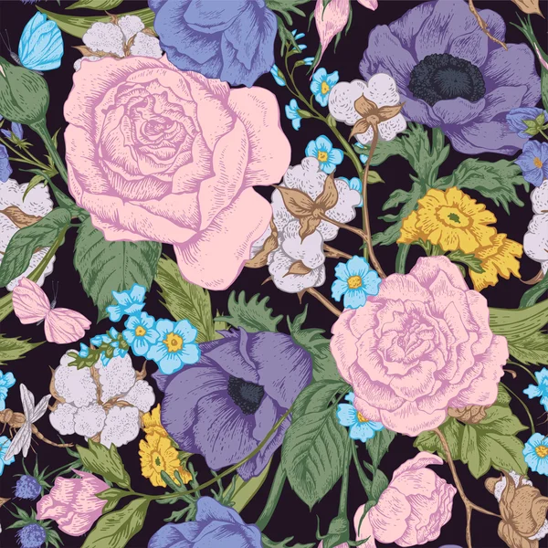 Vintage vector floral patrón sin costuras con rosas — Vector de stock
