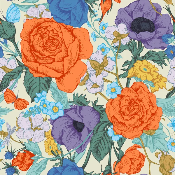 Vintage vector floral patrón sin costuras con rosas — Vector de stock