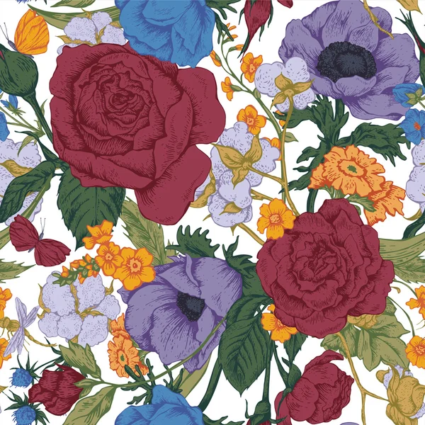 Vintage vector floral patrón sin costuras con rosas — Vector de stock