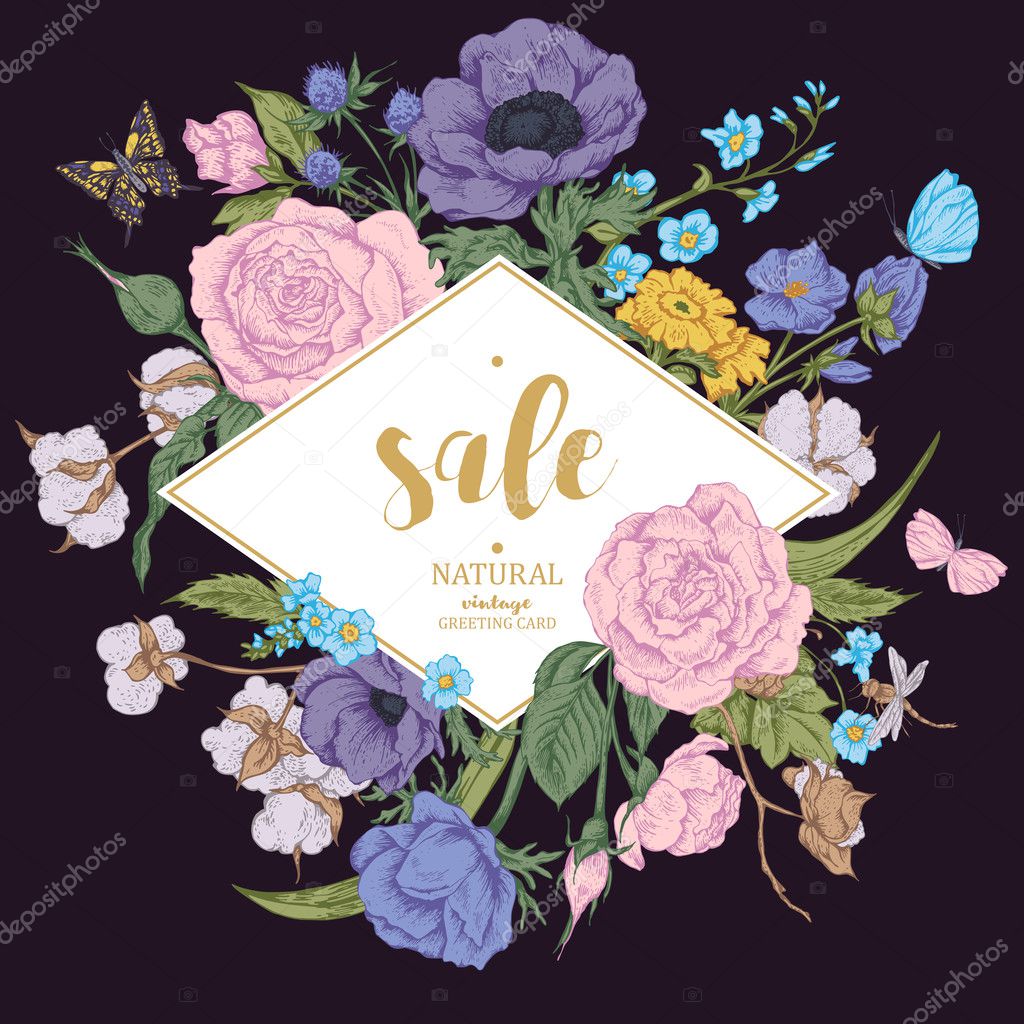 Vintage floral vector sale card with roses, anemones and butterf