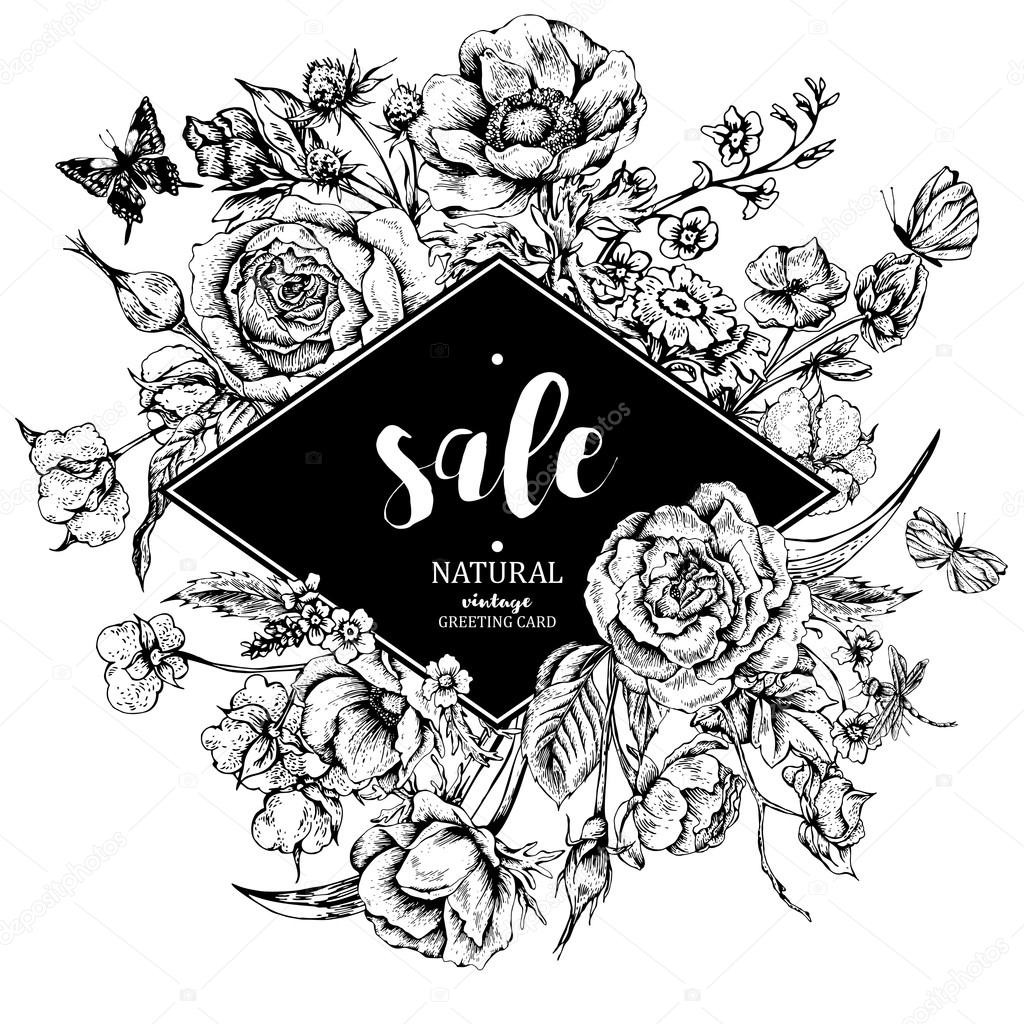 Vintage floral vector sale card with roses, anemones and ...