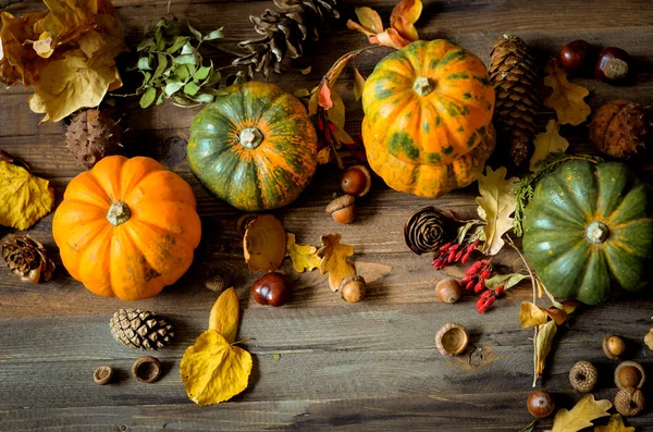 Decorative pumpkins on a wooden background — Stock Photo, Image