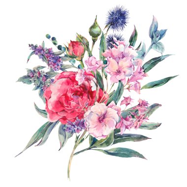 watercolor bouquet of roses and wildflowers clipart