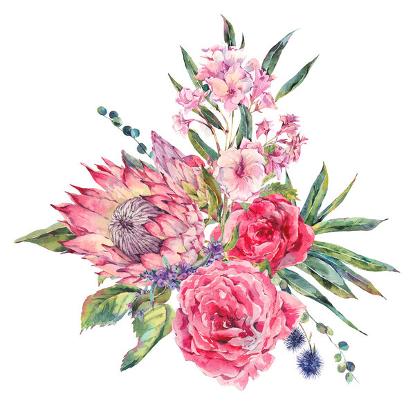 Watercolor bouquet of roses, protea and wildflowers