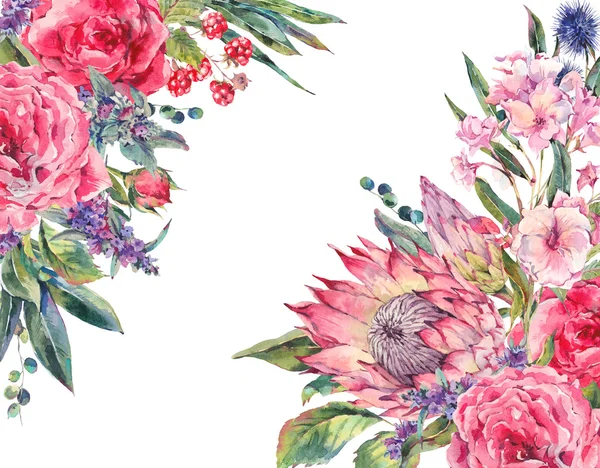 Aquarellstrauß aus Rosen, Protea und Wildblumen — Stockfoto