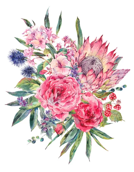 Akwarela bukiet róż, protea i polne kwiaty — Zdjęcie stockowe