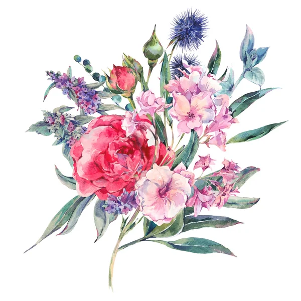 Aquarell Strauß von Rosen und Wildblumen — Stockfoto