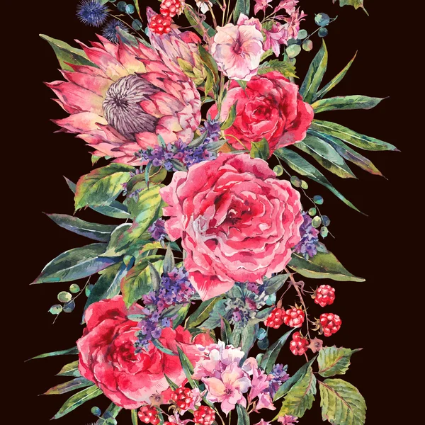 Watercolor bouquet of roses, protea and wildflowers — ストック写真